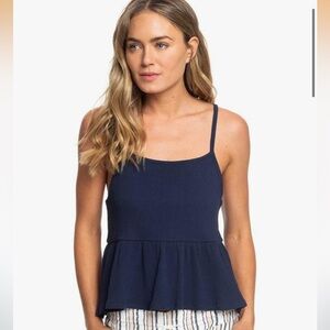 Roxy Women's Deep Seas Ribbed Peplum Tank Navy Blue Sz Medium Racer Back
